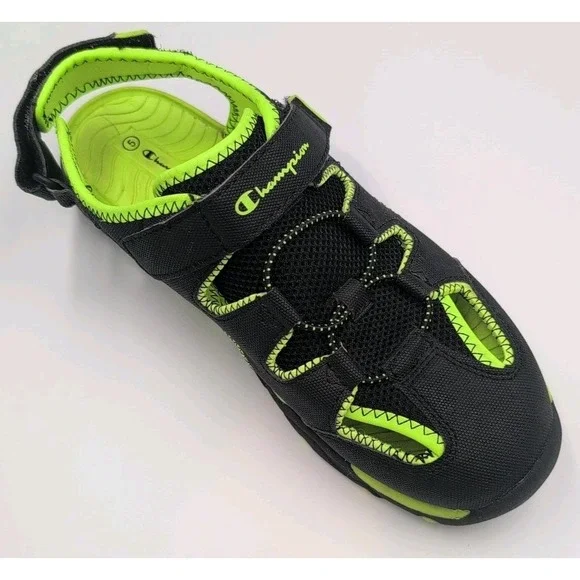 Champion Boys Kids Sandals Shoes Black/Neon Green Strap Closed Toe Size 5 Youth - Picture 4 of 16